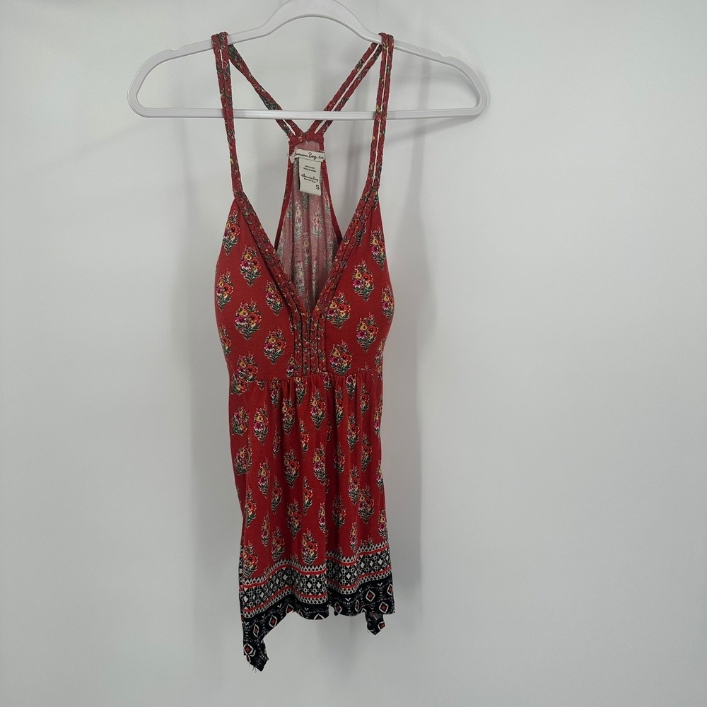 Womens Boho Festival Racerback Top Size S Peasant Hippie Floral Handkerchief Hem
